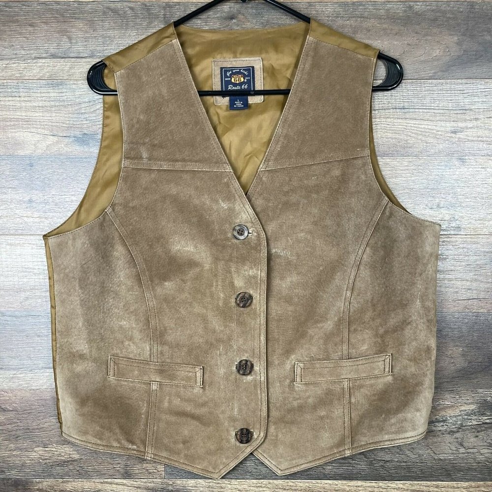 Womens Size Large Route 66 100% Genuine Suede Leather Brown Tan Vest